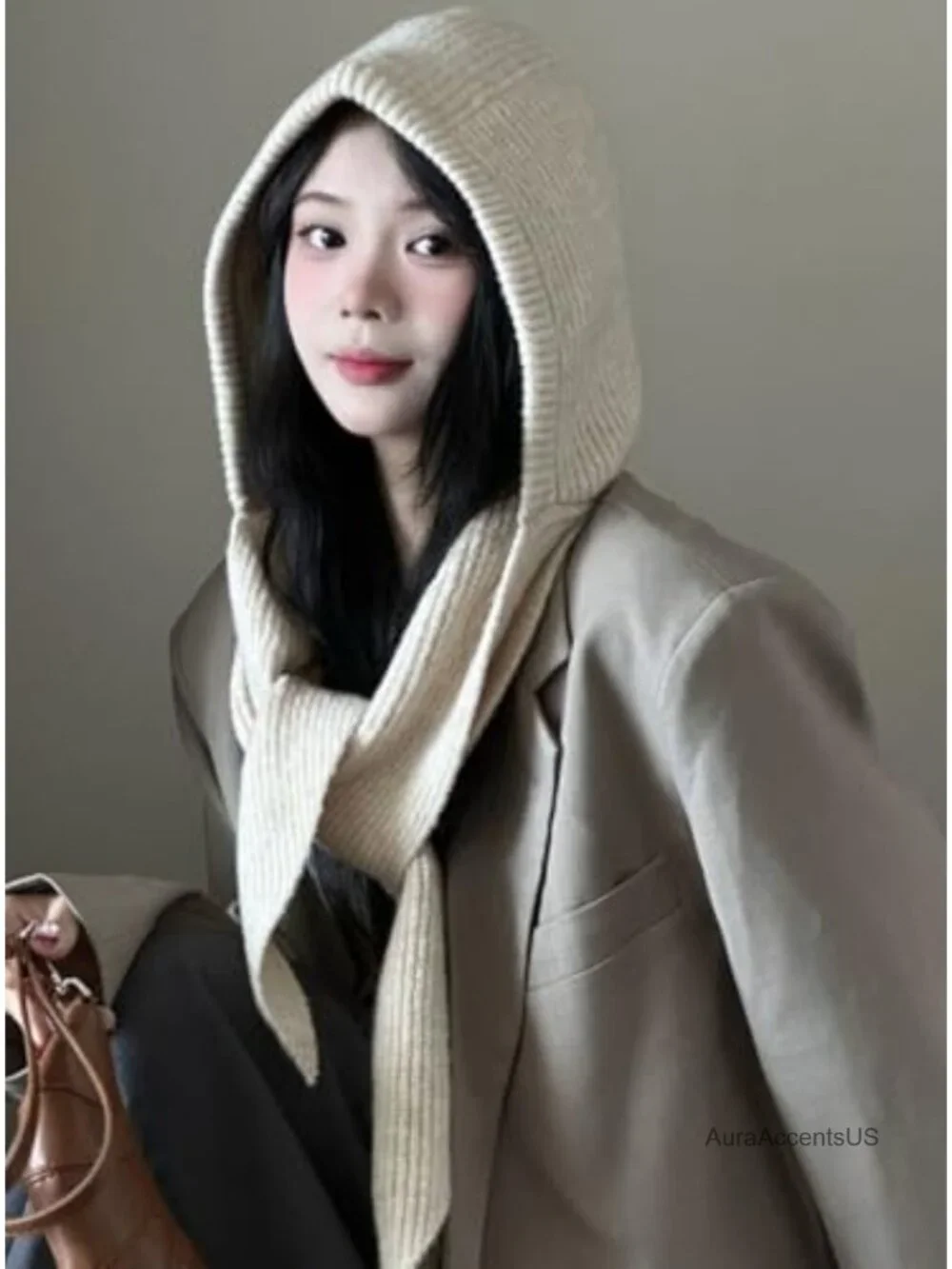 Women's Winter Knitted Beanie Balaclava Hooded Scarf Hat Neck Warmer